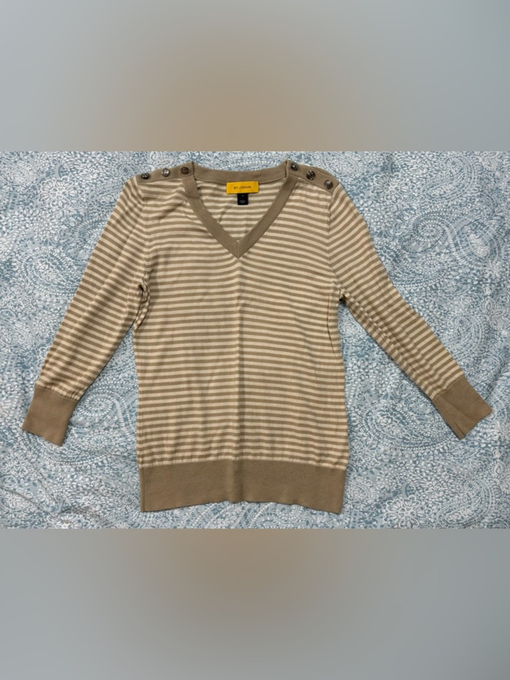 St. John Beige and Cream Striped V-Neck Pullover with Shoulder Buttons